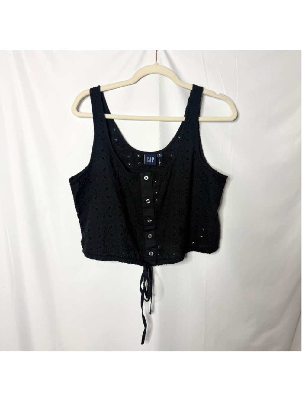 Gap y2K Eyelet Embroidered Button-Front Cinched Tank Top Black Size M NEW